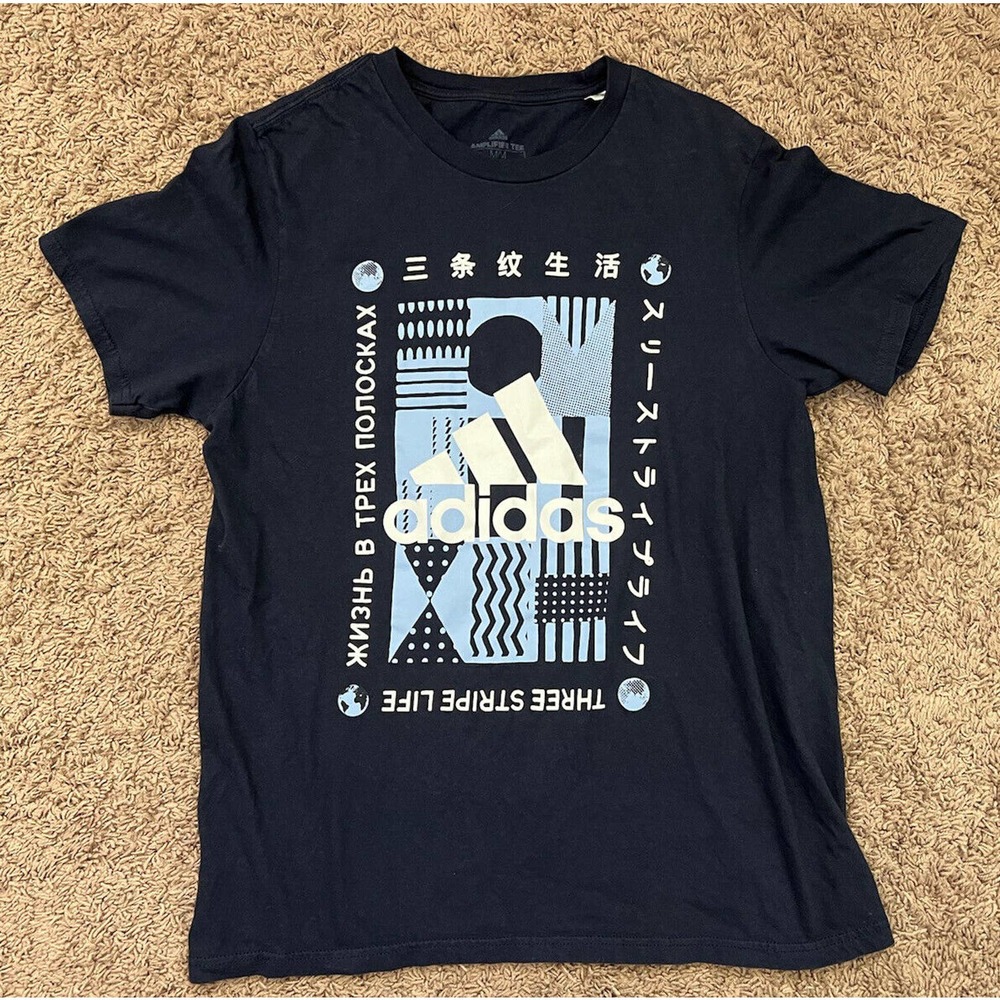 Adidas Three Stripe Life Mens Blue Size Medium Short Sleeve Crew Neck Tee